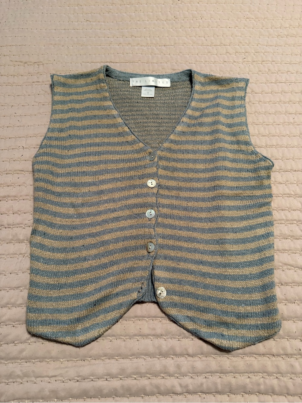 Express Blue and Tan Striped V-Neck Button Front Sweater Vest